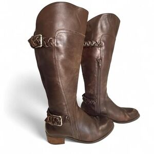 Audrey Brooke Brown Leather Mid Calf Boots | Braided Strap Detail Size 6.5